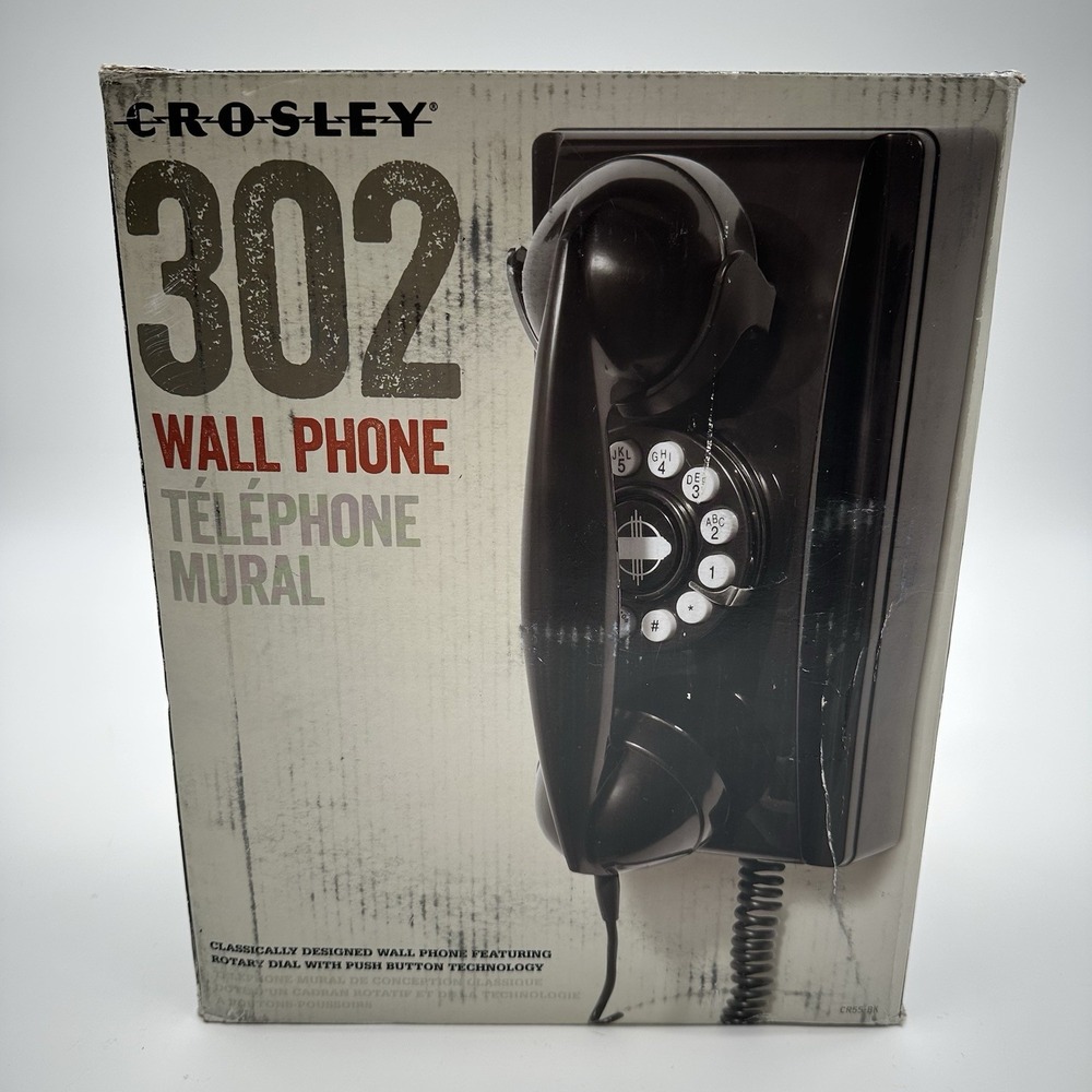 Vintage Crosley Cr55 302 Corded Wall Phone Black With Original Box Rotary Dial